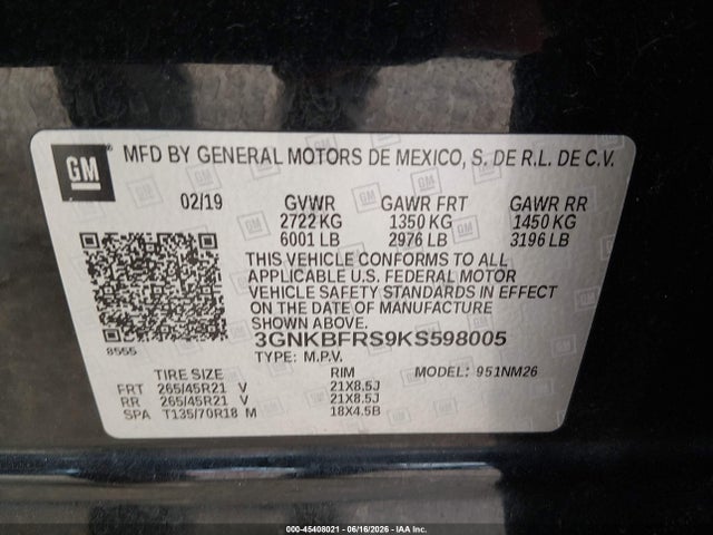 45408021 :رقم المزاد ، 3GNKBFRS9KS598005 vin ، 2019 Chevrolet Blazer Premier مزاد بيع