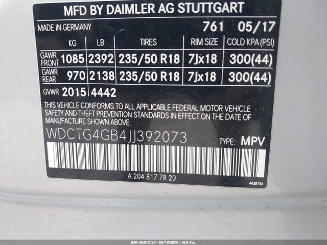 Aukcja sprzedaży 2018 Mercedes-benz Gla 250 4matic, vin: WDCTG4GB4JJ392073, numer aukcji: 45408024