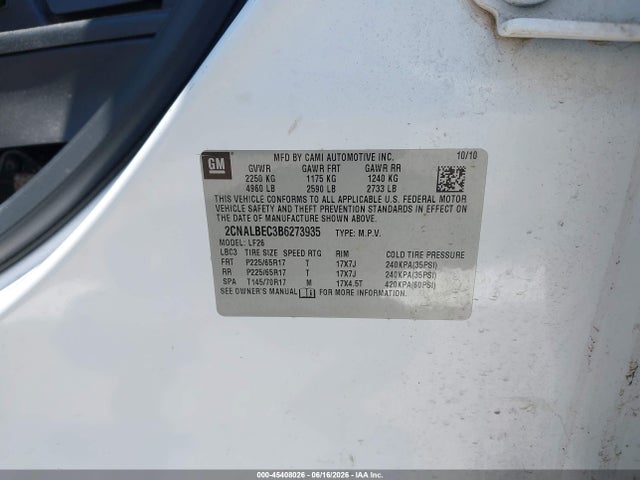 45408026 :رقم المزاد ، 2CNALBEC3B6273935 vin ، 2011 Chevrolet Equinox Ls مزاد بيع