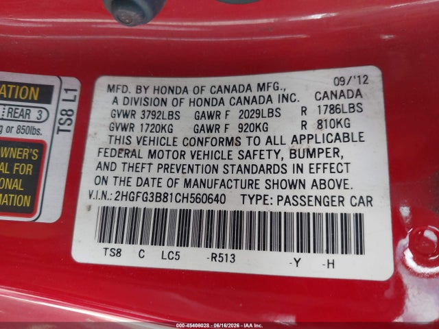Продажа на аукционе авто 2012 Honda Civic Ex, vin: 2HGFG3B81CH560640, номер лота: 45408028