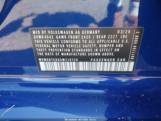 Aukcja sprzedaży 2025 Volkswagen Golf R 2.0t, vin: WVWEB7CDXSW210726, numer aukcji: 45408049