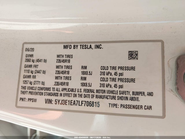 Продаж на аукціоні авто 2020 Tesla Model 3 Standard Range Plus Rear-wheel Drive/standard Range Rear-wheel Drive, vin: 5YJ3E1EA7LF706815, номер лоту: 45408059