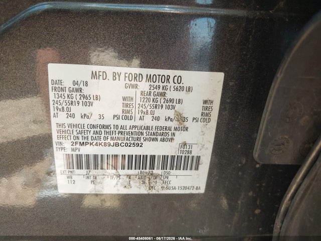 2018 Ford Edge Titanium მანქანა იყიდება აუქციონზე, vin: 2FMPK4K89JBC02592, აუქციონის ნომერი: 45408061