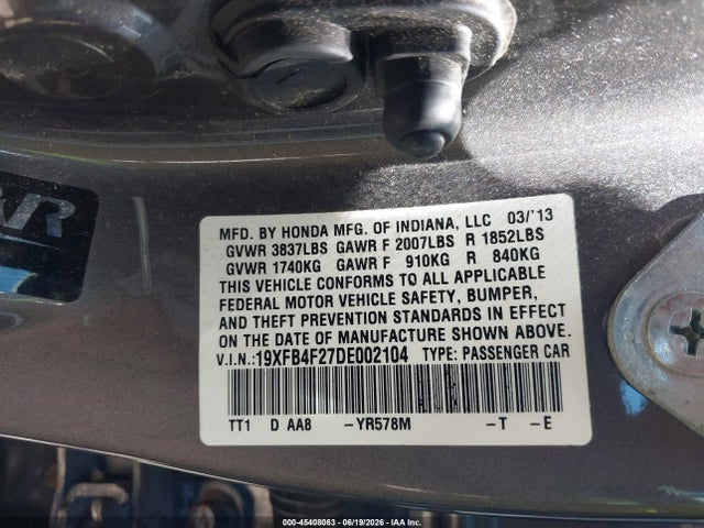 2013 Honda Civic Hybrid მანქანა იყიდება აუქციონზე, vin: 19XFB4F27DE002104, აუქციონის ნომერი: 45408063