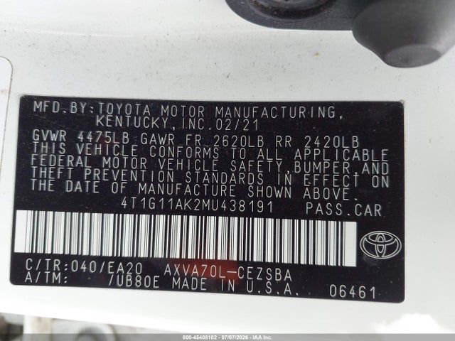 Toyota CAMRY SE 2021 4T1G11AK2MU438191 Image 9