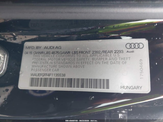 45408108 :رقم المزاد ، WAUEFGFF4F1135538 vin ، 2015 Audi A3 2.0t Premium مزاد بيع