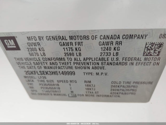 Aukcja sprzedaży 2017 Gmc Terrain Sle-1, vin: 2GKFLSEK3H6149999, numer aukcji: 45408136