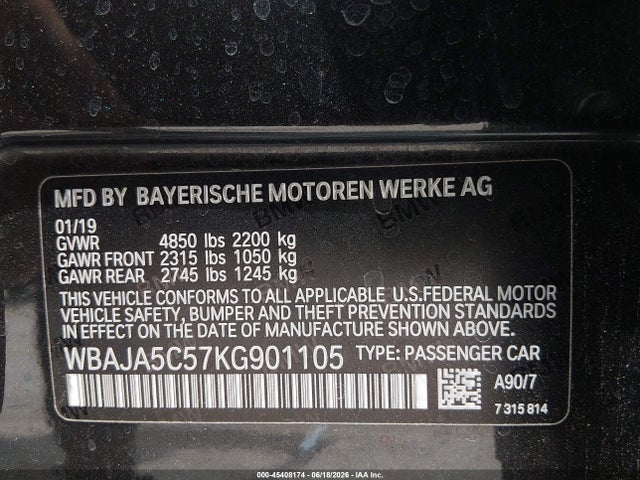 45408174 :رقم المزاد ، WBAJA5C57KG901105 vin ، 2019 Bmw 530i مزاد بيع
