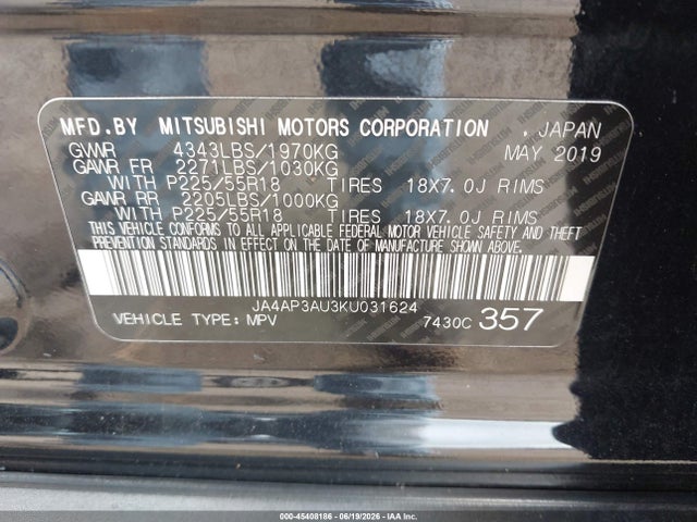 2019 Mitsubishi Outlander Sport 2.0 Es მანქანა იყიდება აუქციონზე, vin: JA4AP3AU3KU031624, აუქციონის ნომერი: 45408186