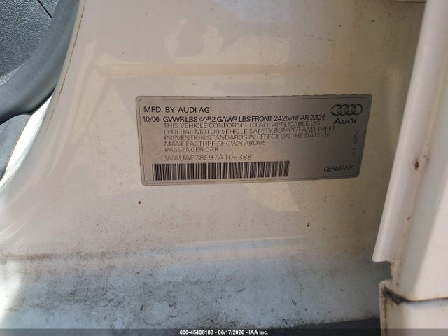 Продаж на аукціоні авто 2007 Audi A4 2.0t, vin: WAUAF78E97A105388, номер лоту: 45408188