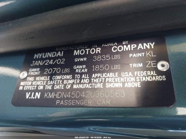Aukcja sprzedaży 2002 Hyundai Elantra Gls, vin: KMHDN45D42U360563, numer aukcji: 45408189