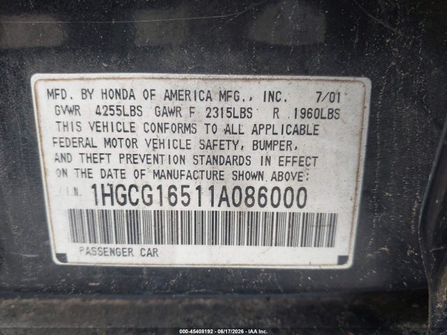 Продажа на аукционе авто 2001 Honda Accord 3.0 Ex, vin: 1HGCG16511A086000, номер лота: 45408192