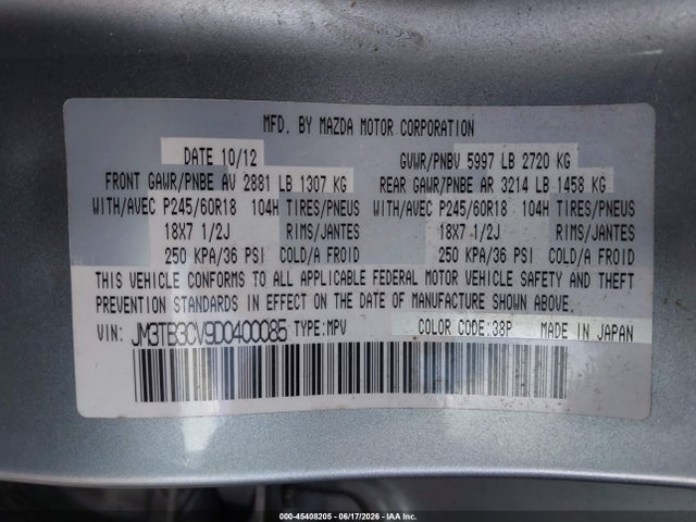 Auction sale of the 2013 Mazda Cx-9 Touring, vin: JM3TB3CV9D0400085, lot number: 45408205