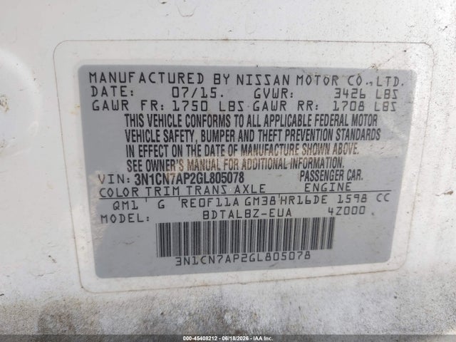 3N1CN7AP2GL805078 Nissan Versa 1.6 S/1.6 S+/1.6 Sl/1.6 Sv