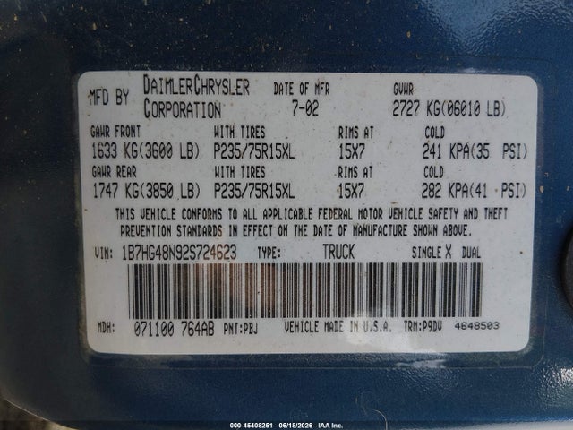 Продаж на аукціоні авто 2002 Dodge Dakota Slt, vin: 1B7HG48N92S724623, номер лоту: 45408251