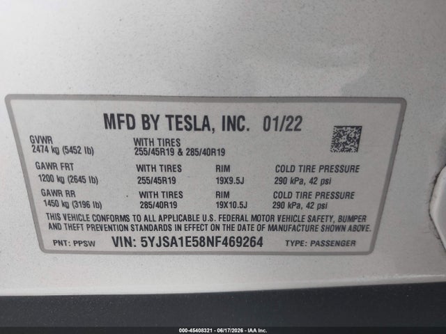 Aukcja sprzedaży 2022 Tesla Model S Dual Motor All-wheel Drive, vin: 5YJSA1E58NF469264, numer aukcji: 45408321