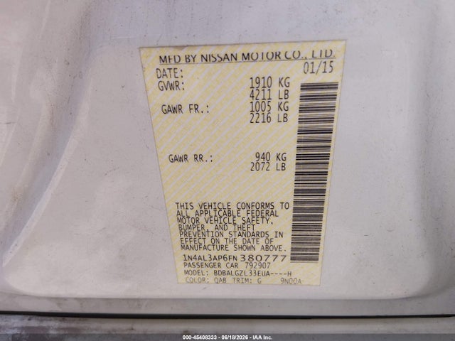 Продаж на аукціоні авто 2015 Nissan Altima 2.5 S, vin: 1N4AL3AP6FN380777, номер лоту: 45408333