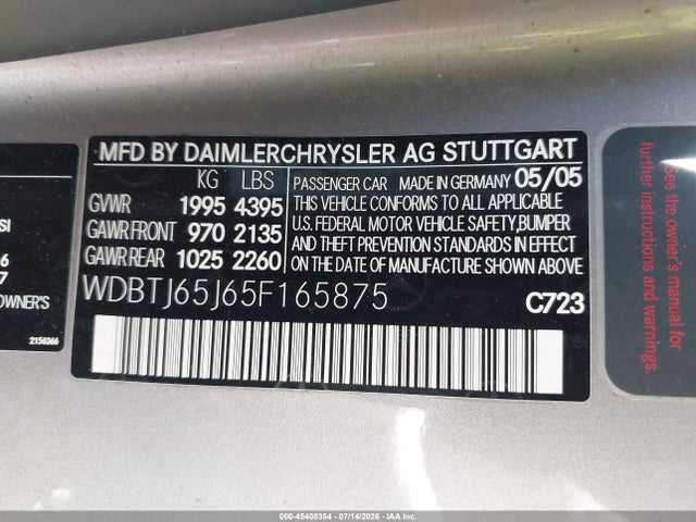 Продаж на аукціоні авто 2005 Mercedes-benz Clk 320, vin: WDBTJ65J65F165875, номер лоту: 45408354