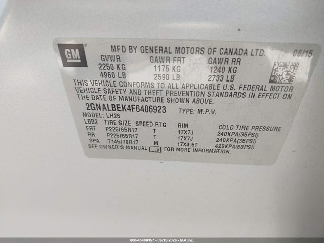 Aukcja sprzedaży 2015 Chevrolet Equinox Lt, vin: 2GNALBEK4F6406923, numer aukcji: 45408357