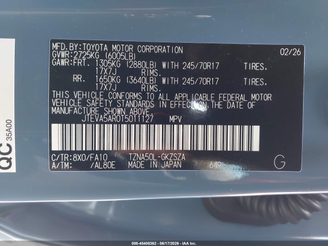 Продажа на аукционе авто 2026 Toyota 4runner Sr5, vin: JTEVA5AR0T5011127, номер лота: 45408362