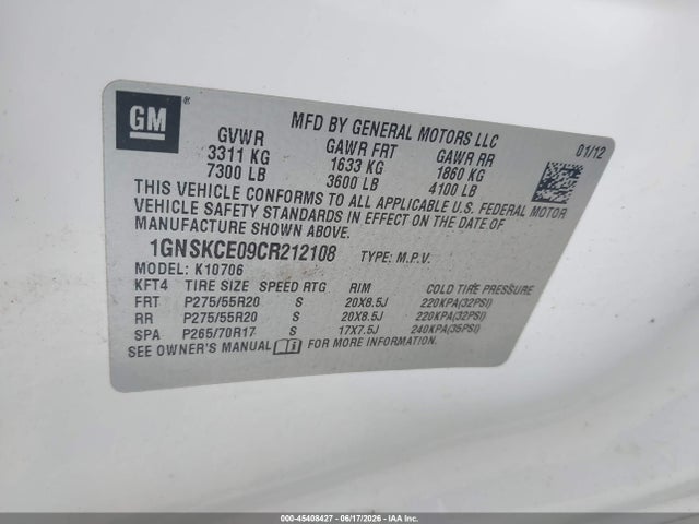45408427 :رقم المزاد ، 1GNSKCE09CR212108 vin ، 2012 Chevrolet Tahoe Ltz مزاد بيع