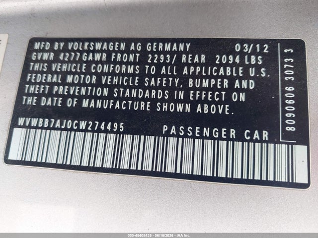 Продажа на аукционе авто 2012 Volkswagen Golf 2.5l 2-door, vin: WVWBB7AJ0CW274495, номер лота: 45408435