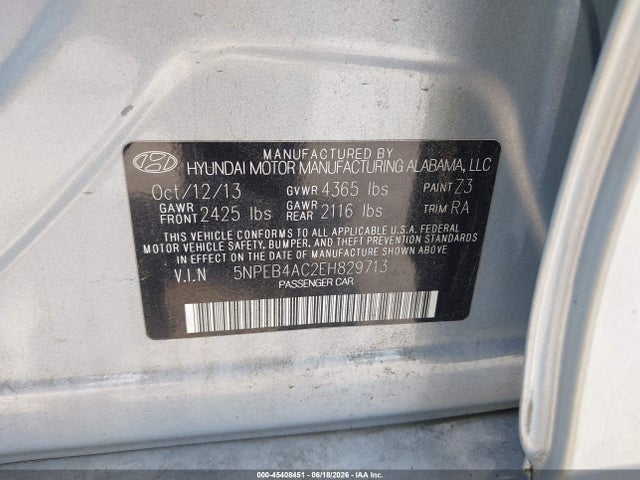 2014 Hyundai Sonata Gls მანქანა იყიდება აუქციონზე, vin: 5NPEB4AC2EH829713, აუქციონის ნომერი: 45408451