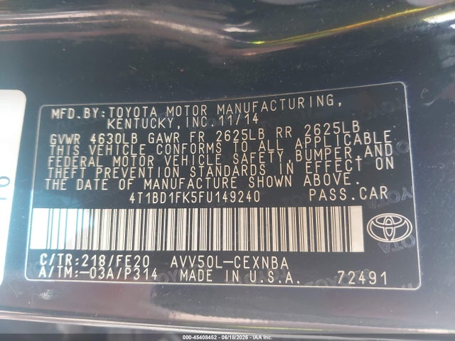 Продаж на аукціоні авто 2015 Toyota Camry Hybrid Le, vin: 4T1BD1FK5FU149240, номер лоту: 45408452