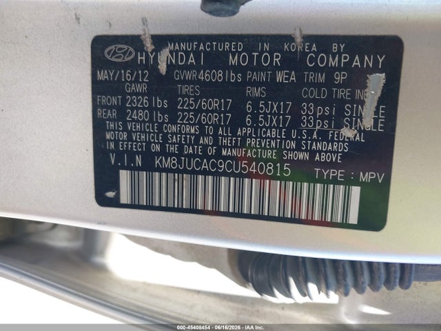 2012 Hyundai Tucson Gls მანქანა იყიდება აუქციონზე, vin: KM8JUCAC9CU540815, აუქციონის ნომერი: 45408454