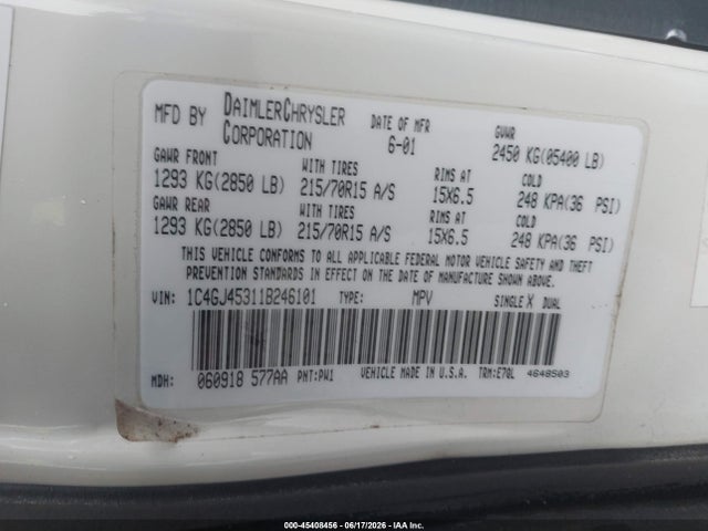 45408456 :رقم المزاد ، 1C4GJ45311B246101 vin ، 2001 Chrysler Voyager Lx مزاد بيع