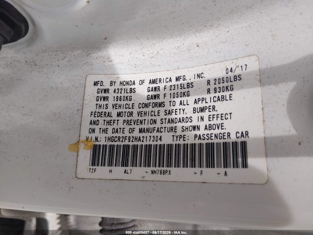 1HGCR2F92HA217304 Honda Accord Ex-l