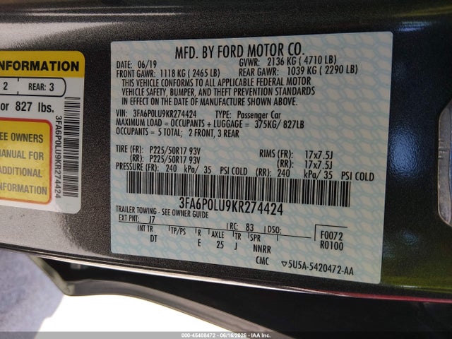 Ford Fusion Hybrid Se 2019 3FA6P0LU9KR274424 Image 9