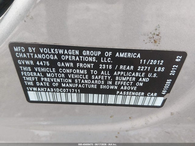 Продаж на аукціоні авто 2013 Volkswagen Passat S, vin: 1VWAH7A31DC071711, номер лоту: 45408475