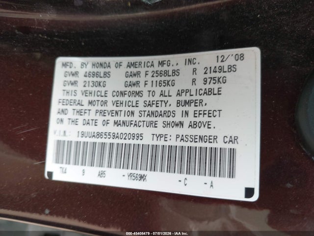 2009 Acura Tl 3.5 მანქანა იყიდება აუქციონზე, vin: 19UUA86559A020995, აუქციონის ნომერი: 45408479