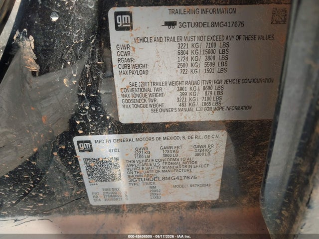 Aukcja sprzedaży 2021 Gmc Sierra 1500 4wd  Short Box Slt, vin: 3GTU9DEL8MG417675, numer aukcji: 45408505