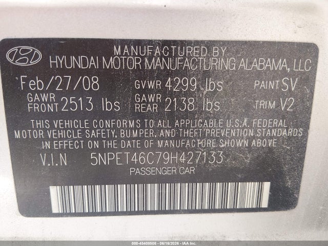 45408508 :رقم المزاد ، 5NPET46C79H427133 vin ، 2009 Hyundai Sonata Gls مزاد بيع