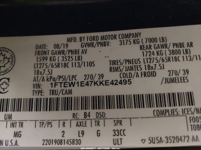 45408517 :رقم المزاد ، 1FTEW1E47KKE42495 vin ، 2019 Ford F-150 King Ranch/lariat/platinum/xl/xlt مزاد بيع