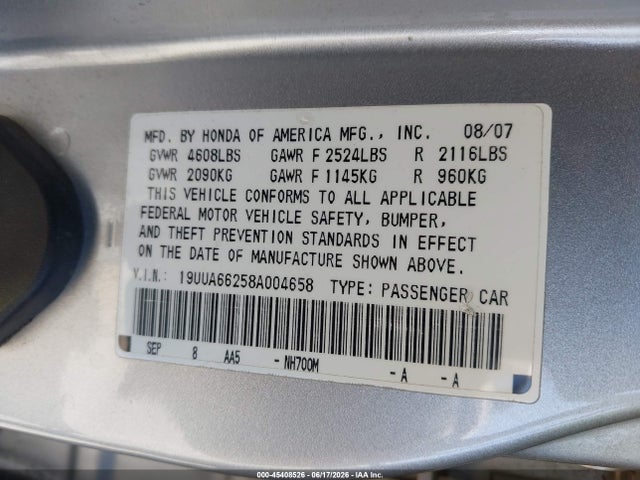 Aukcja sprzedaży 2008 Acura Tl 3.2, vin: 19UUA66258A004658, numer aukcji: 45408526
