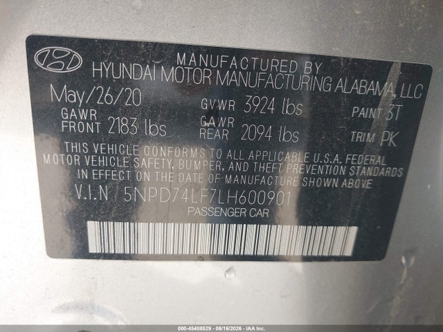 Auction sale of the 2020 Hyundai Elantra Se, vin: 5NPD74LF7LH600901, lot number: 45408529