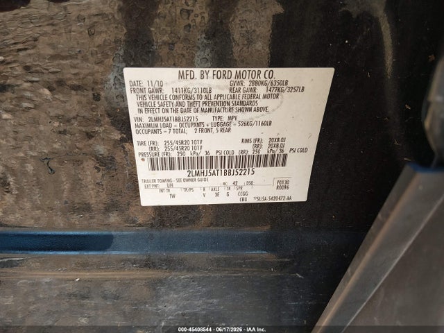 45408544 :رقم المزاد ، 2LMHJ5AT1BBJ52215 vin ، 2011 Lincoln Mkt Ecoboost مزاد بيع