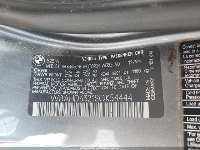 45408580 :رقم المزاد ، WBAHD6321SGK54444 vin ، 1995 Bmw 525 I Automatic مزاد بيع