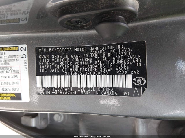 Продаж на аукціоні авто 2007 Toyota Corolla Ce, vin: 2T1BR32EX7C830820, номер лоту: 45408608