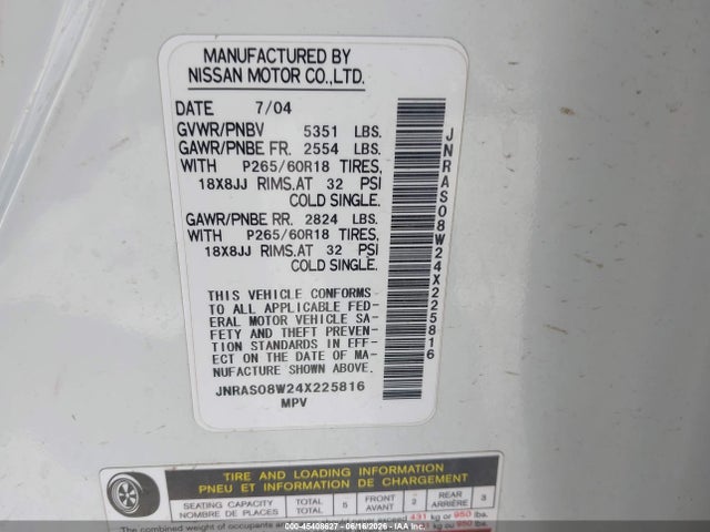 Продаж на аукціоні авто 2004 Infiniti Fx35, vin: JNRAS08W24X225816, номер лоту: 45408627