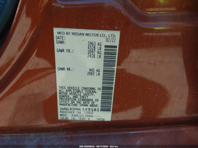 1N4BL4CV4NN349581 Nissan Altima Sr Fwd