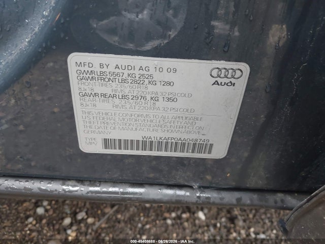 45408688 :رقم المزاد ، WA1LKAFP0AA048749 vin ، 2010 Audi Q5 3.2 Premium مزاد بيع