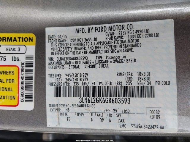45408694 :رقم المزاد ، 3LN6L2GK6GR603593 vin ، 2016 Lincoln Mkz مزاد بيع