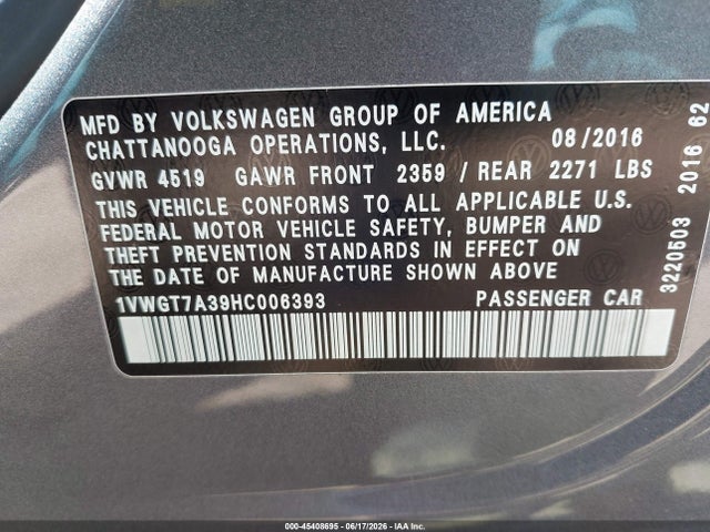 Продаж на аукціоні авто 2017 Volkswagen Passat 1.8t Se, vin: 1VWGT7A39HC006393, номер лоту: 45408695
