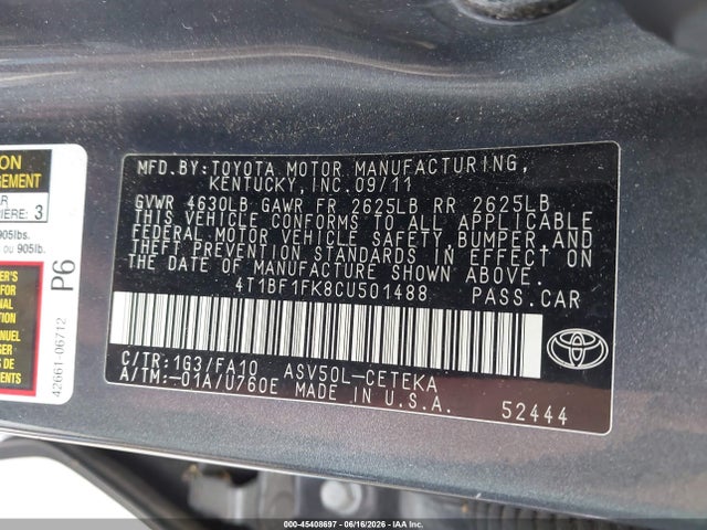 Aukcja sprzedaży 2012 Toyota Camry L, vin: 4T1BF1FK8CU501488, numer aukcji: 45408697