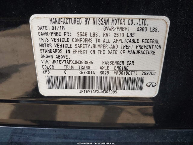 2018 Infiniti Q50 3.0t Luxe მანქანა იყიდება აუქციონზე, vin: JN1EV7APXJM363995, აუქციონის ნომერი: 45408699