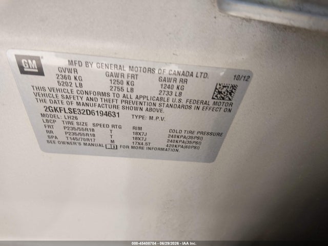 2013 Gmc Terrain Sle-2 მანქანა იყიდება აუქციონზე, vin: 2GKFLSE32D6194631, აუქციონის ნომერი: 45408704
